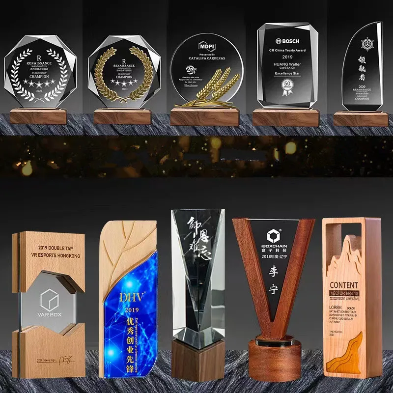 Customized K9 Crystal Trophy Personality metal trophy Crystal medal with wooden base Gift box packing Wooden trophy