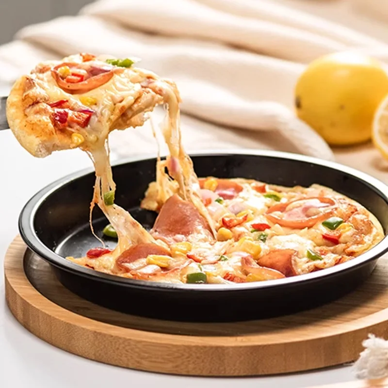 non-stick pizza pans tray steel round baking pan black oven durable easy to release clean reusable for family restaurant kitchen