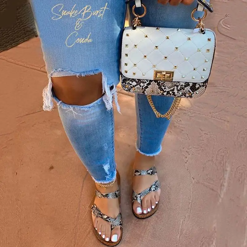 Fashion Roman Outdoor Summer Beach Strappy Casual Flat Women Sandal Beach snake skin Slippers