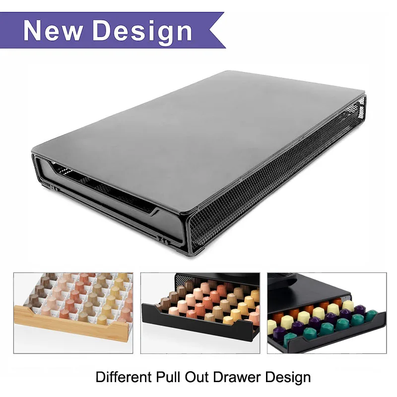 40 50 60 80 Pods Black Metal Bamboo Nespresso Capsules Storage Display Stand Rack Coffee Capsule Drawer For Home Office Kitchen