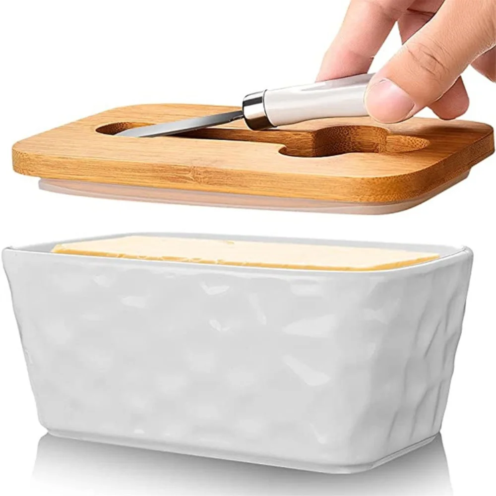 Custom White Small Perfect Ceramic Butter Dish Keeper With Bamboo Lid For West Or East Coast Butter, Kitchen Supplies