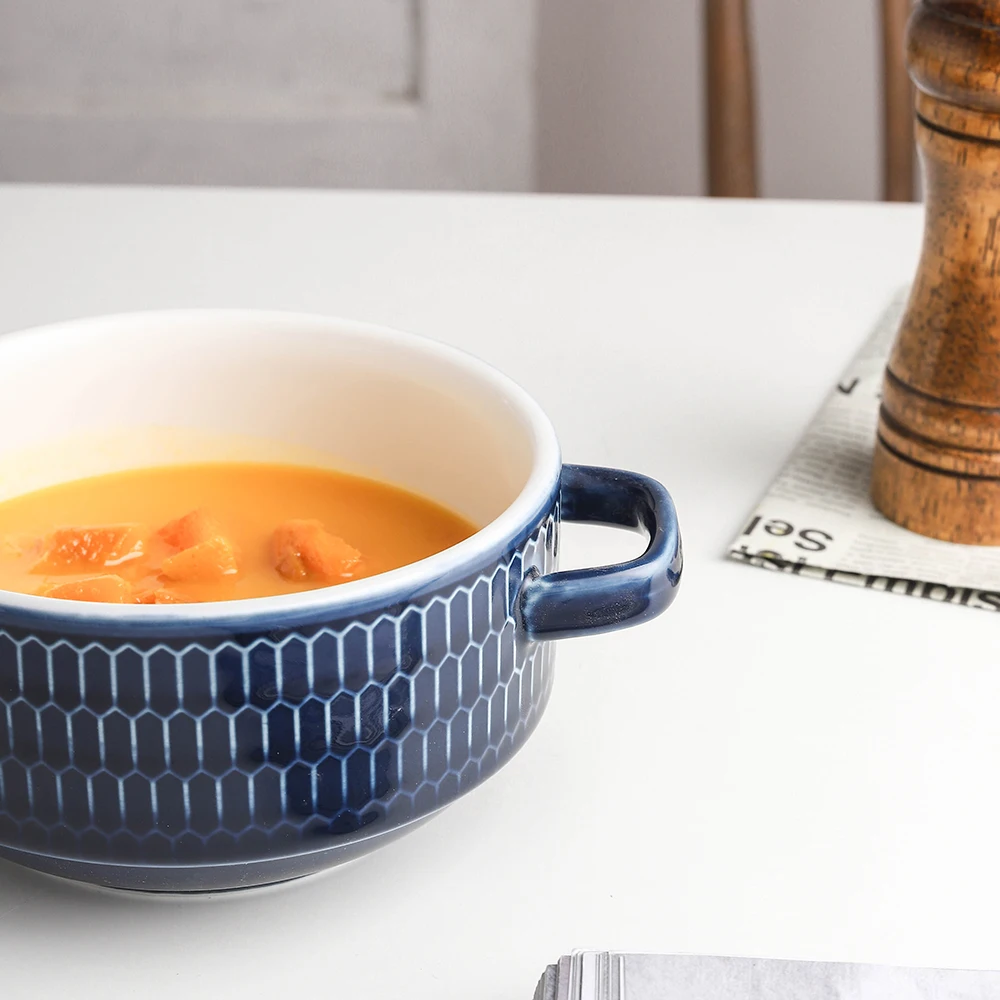Factory Price Custom Color Ceramic Soup Bowls Set With Two Handles 32oz Cereal Bowls Set