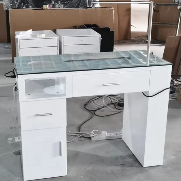 LED glass top new design nail tables lamp salon furniture modern manicure