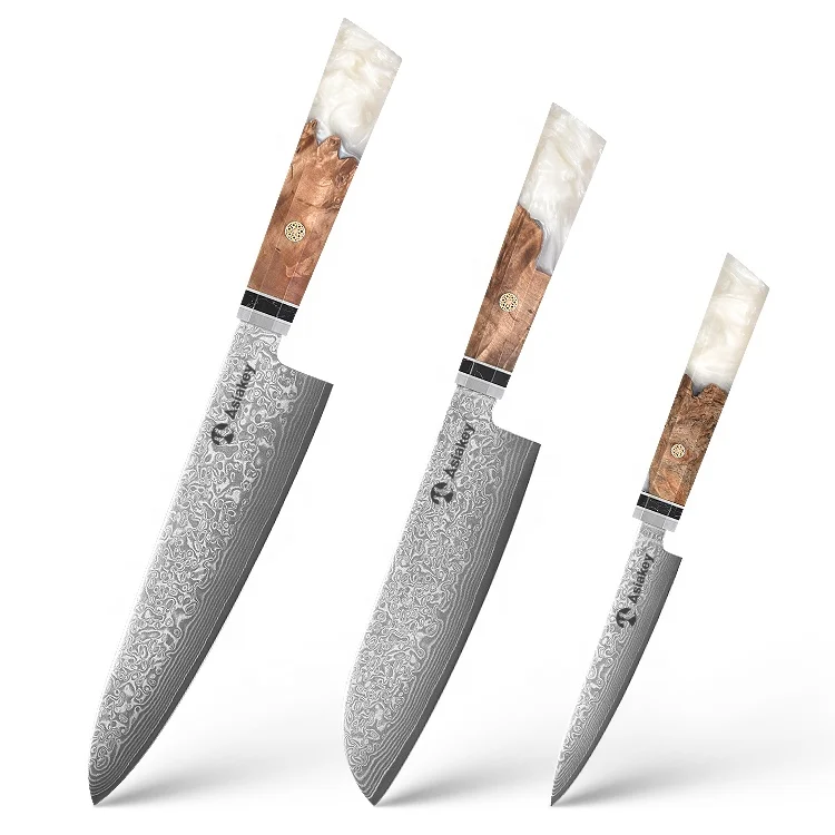 3 Pieces Unique Wood and Resin Handles Top-Grade Damascus Chef Knife Set Included Kitchen Utility Santoku Knife