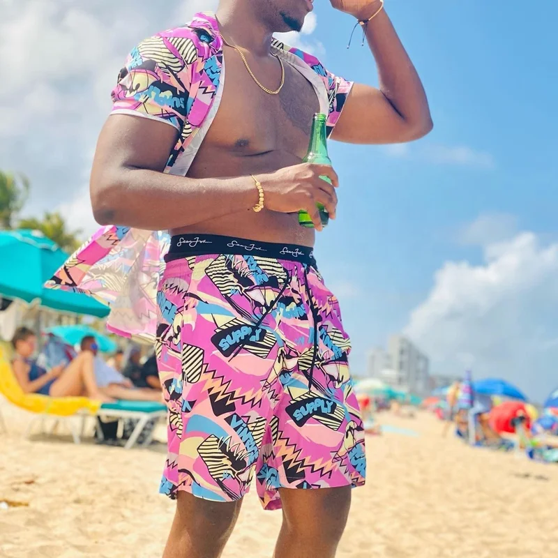 mens hawaiian plus size fast dry urban beach wear vintage printed 2pcs set clothing shirts and shorts with Pockets for mens wear