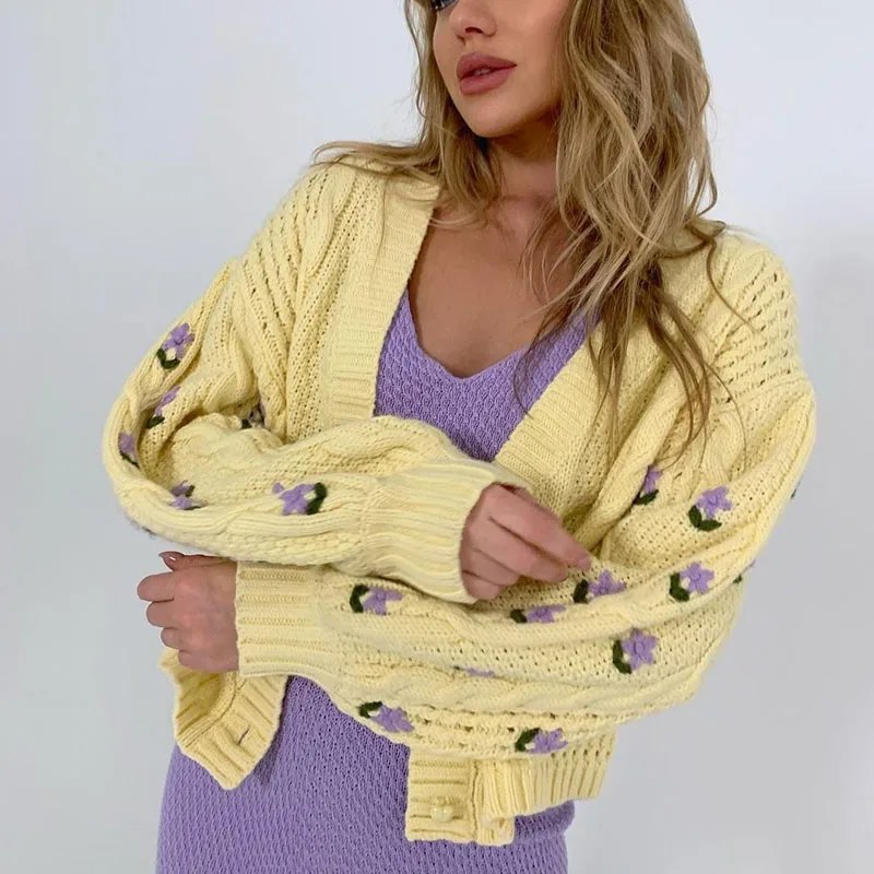 Chic Flower Knittend Cardigan Tops Women V Neck Long Sleeve Korean Fashion Sweater Cardigans Female Loose Sweaters Coat