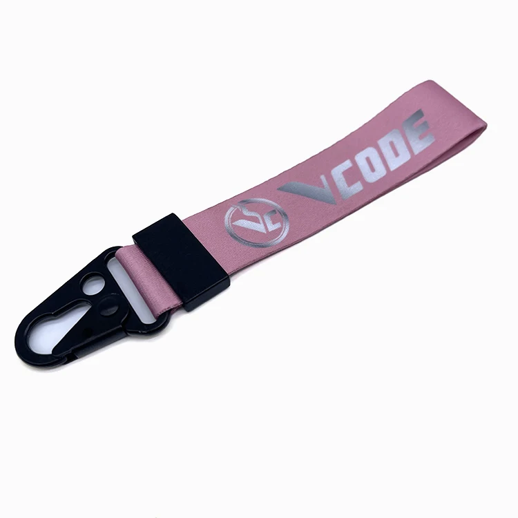 Custom logo nylon pink wristlet lanyard keychain woven carabiner lanyard keychain