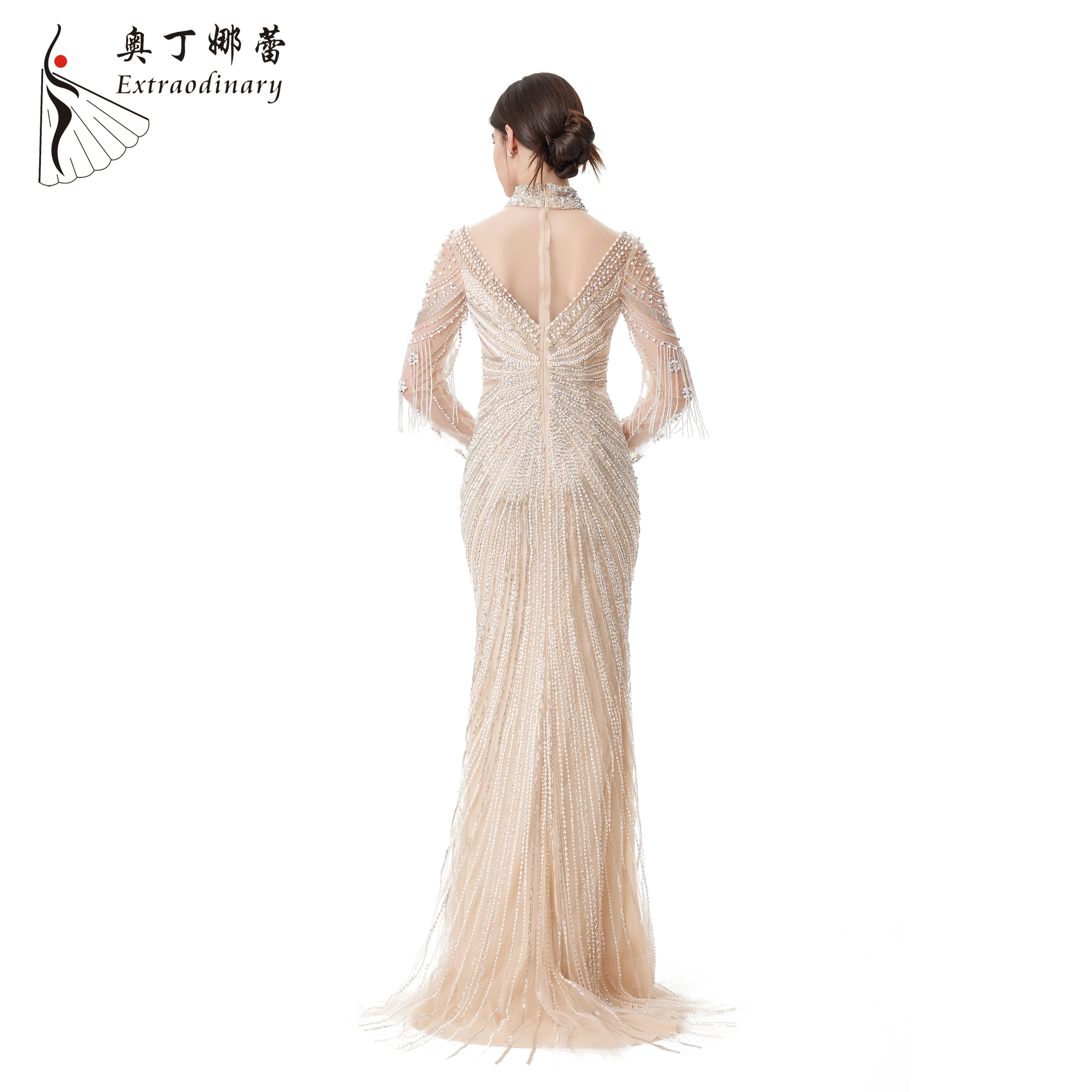 Champagne Long Sleeve Dubai Mermaid Wedding Dress Muslim Evening Dresses Luxury Tassel Beaded Party Gowns