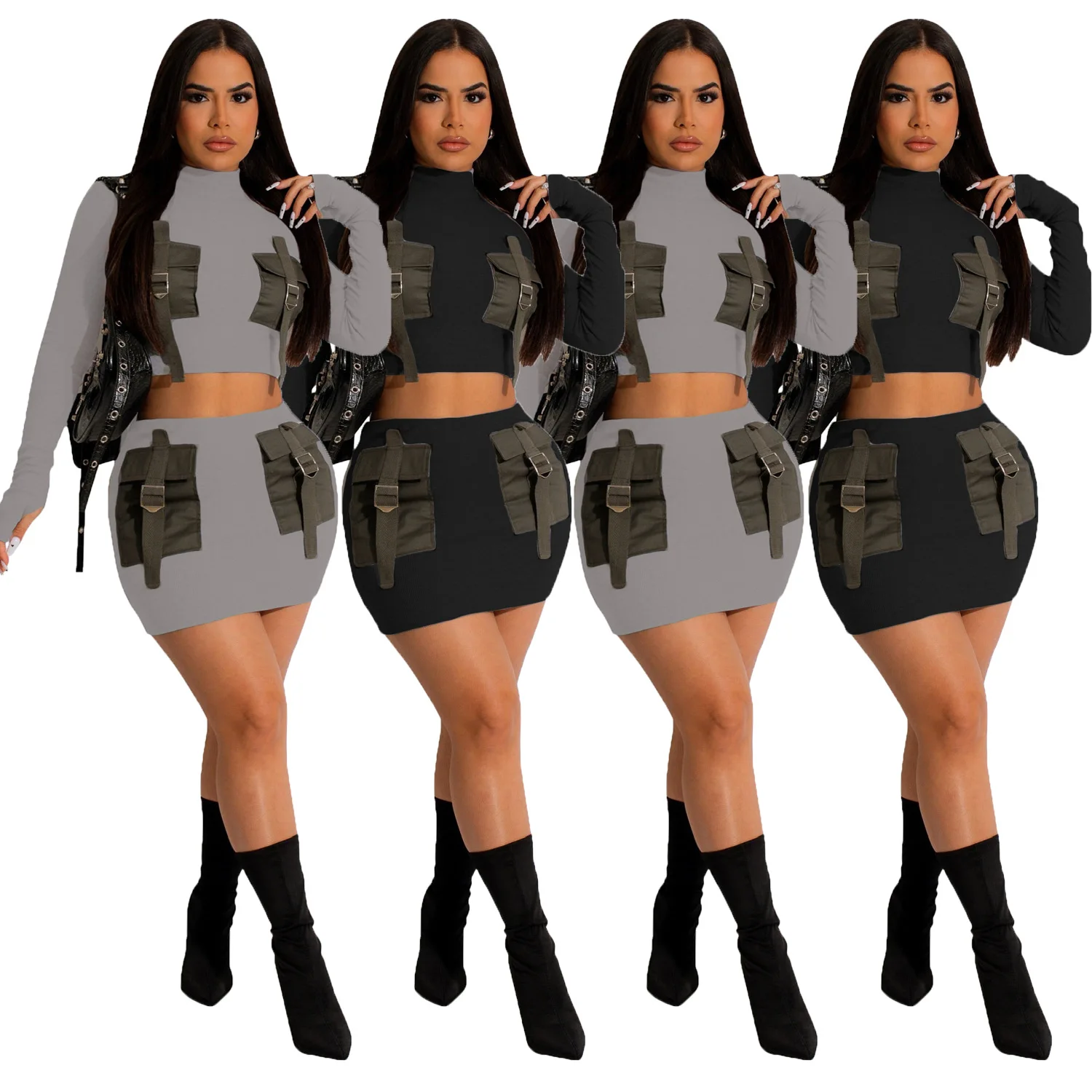 Custom Logo Hot selling Two Pieces Set For Women Long Sleeve Crop Top With Skirt Two Piece Set Chic Pocket for Sexy Ladies