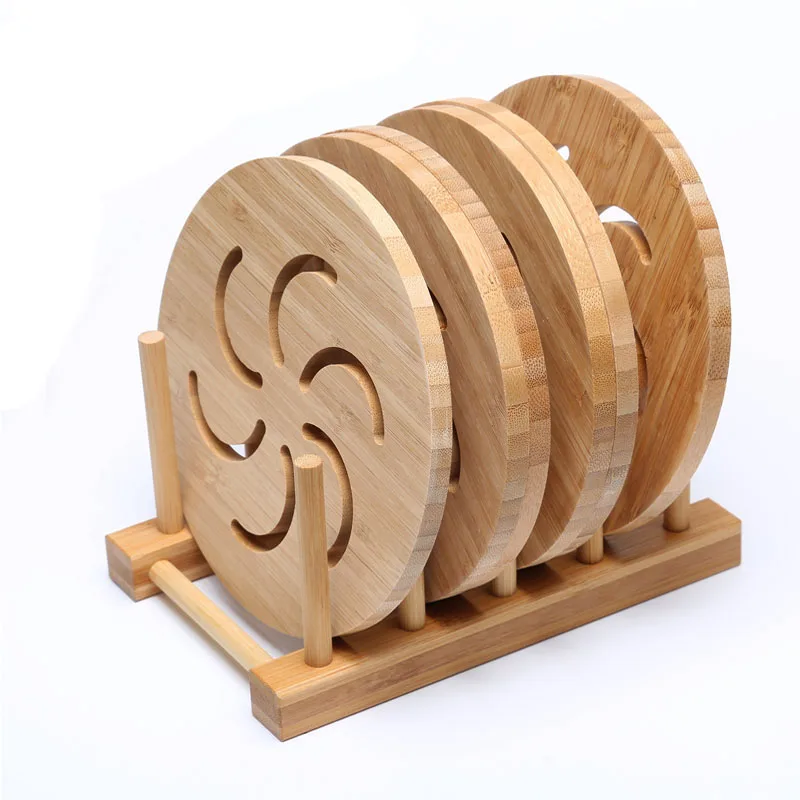 
Custom design tableware heat resistant round laser bamboo cup pad mat beer bar drink coffee tea pod coasters set with holder 