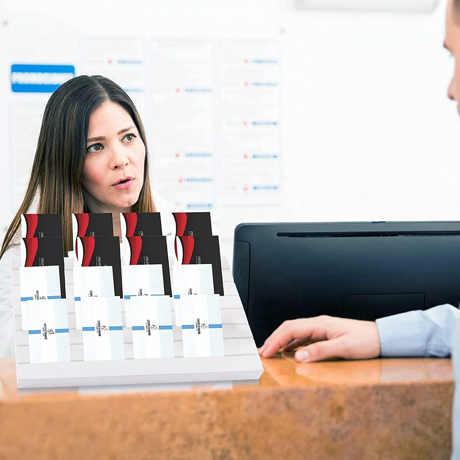 Earring Stand Display Rack - 7 Groove Storage for Jewelry Display Business Card Holder (Wooden White)