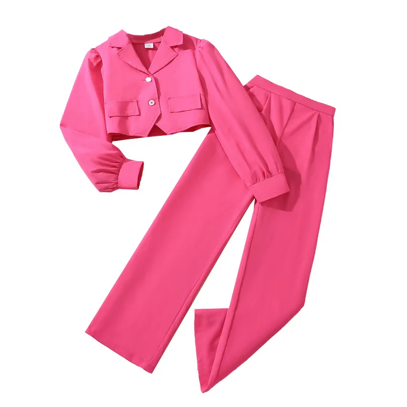 Spring Autumn fashion Children Girl Clothes Long Sleeve Square Collar Pink Tops Loose Pants 2Pcs Kids Clothing set