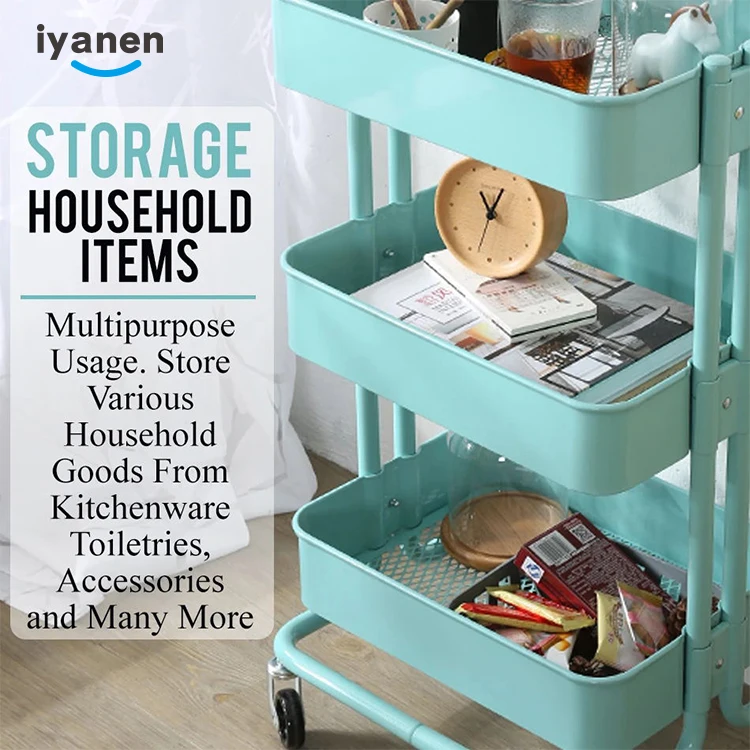 IYANEN 3 Tiers Metal Mesh Basket Utility Cart home kitchen Mobile Rolling Storage Trolley Cart