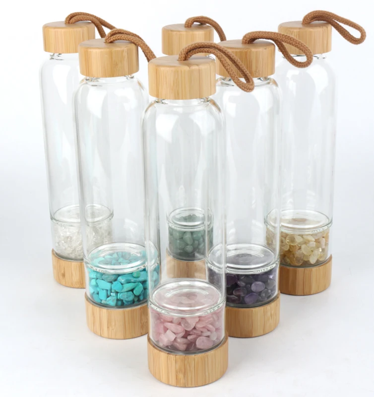 High quality  Glass water bottle chakra healing reiki quartz natural crystal bamboo water bottle