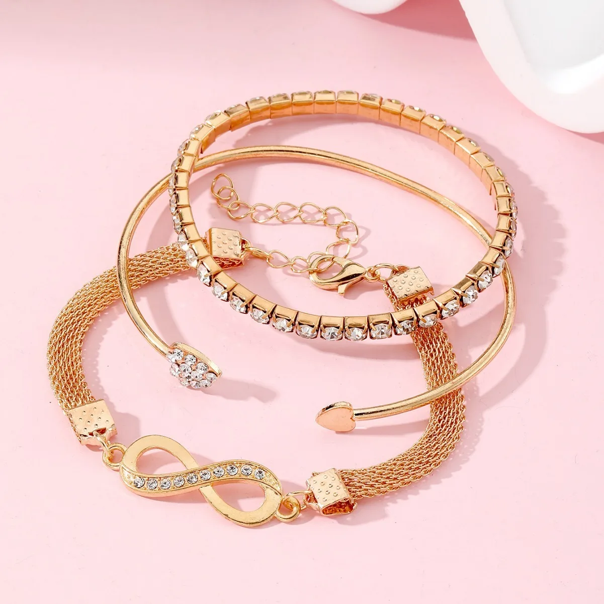 3pcs/set Niche Infinite 8-figure Bracelet Fashion Flat Snake Chain Diamond Infinite Symbol Open Bracelet For Women