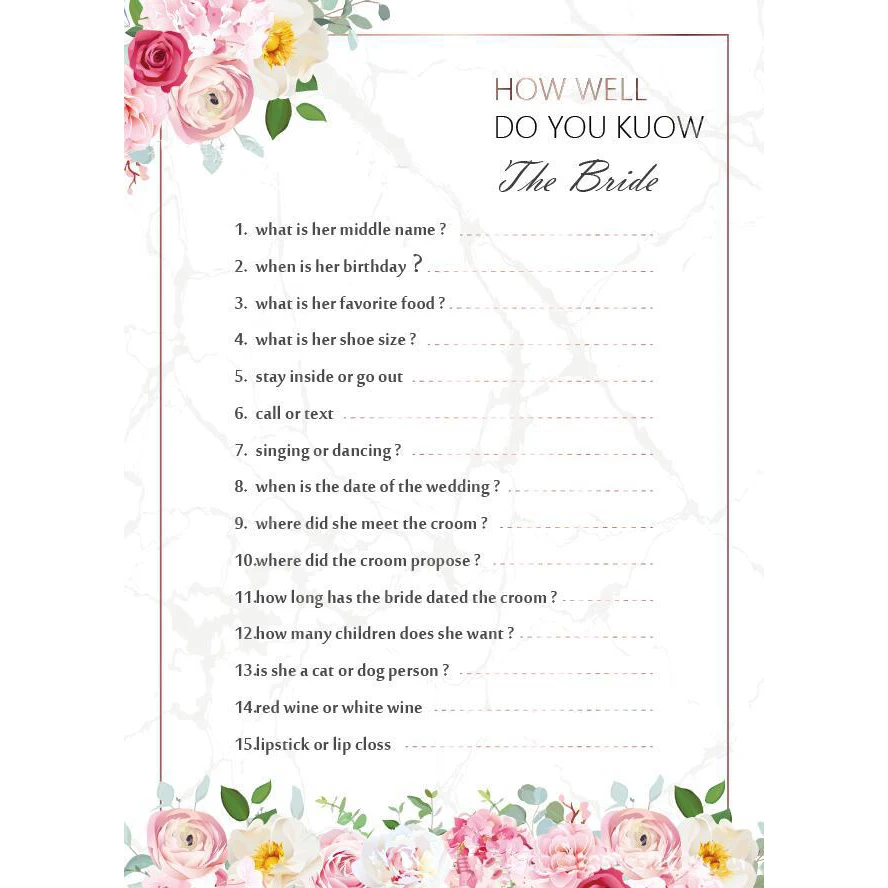 Bachelorette Party Wedding Game Accessories Card With Questions