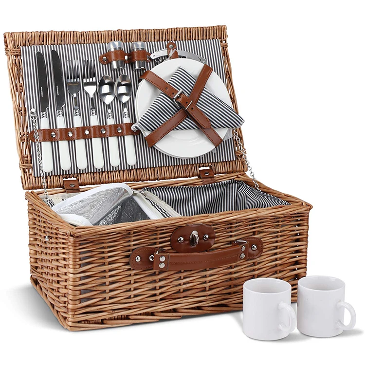 Handmade Cheap 4 Persons Rectangular Willow Weaving Wicker Gift Woven Picnic Basket For Sale