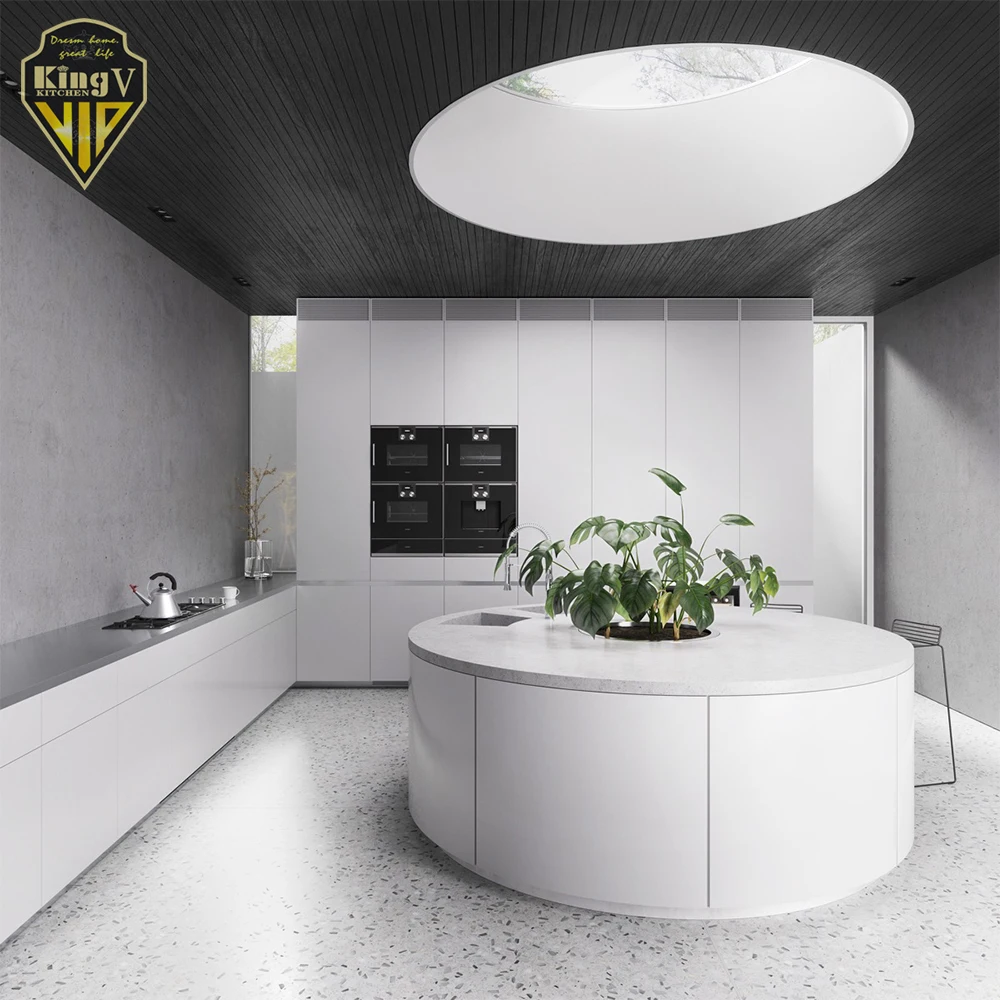 2022 new acrylic finish white shaker style kitchen cabinet u shape cabinet with marble countertop with island kitchen cabinet