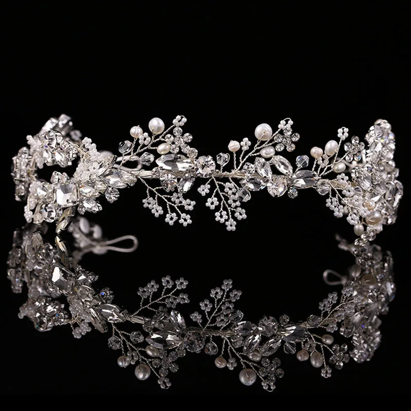 SLBRIDAL Flexible Rhinestones Crystal Freshwater Pearls Wedding Tiara Headband Bridal Headpieces Hair Accessories Women Jewelry