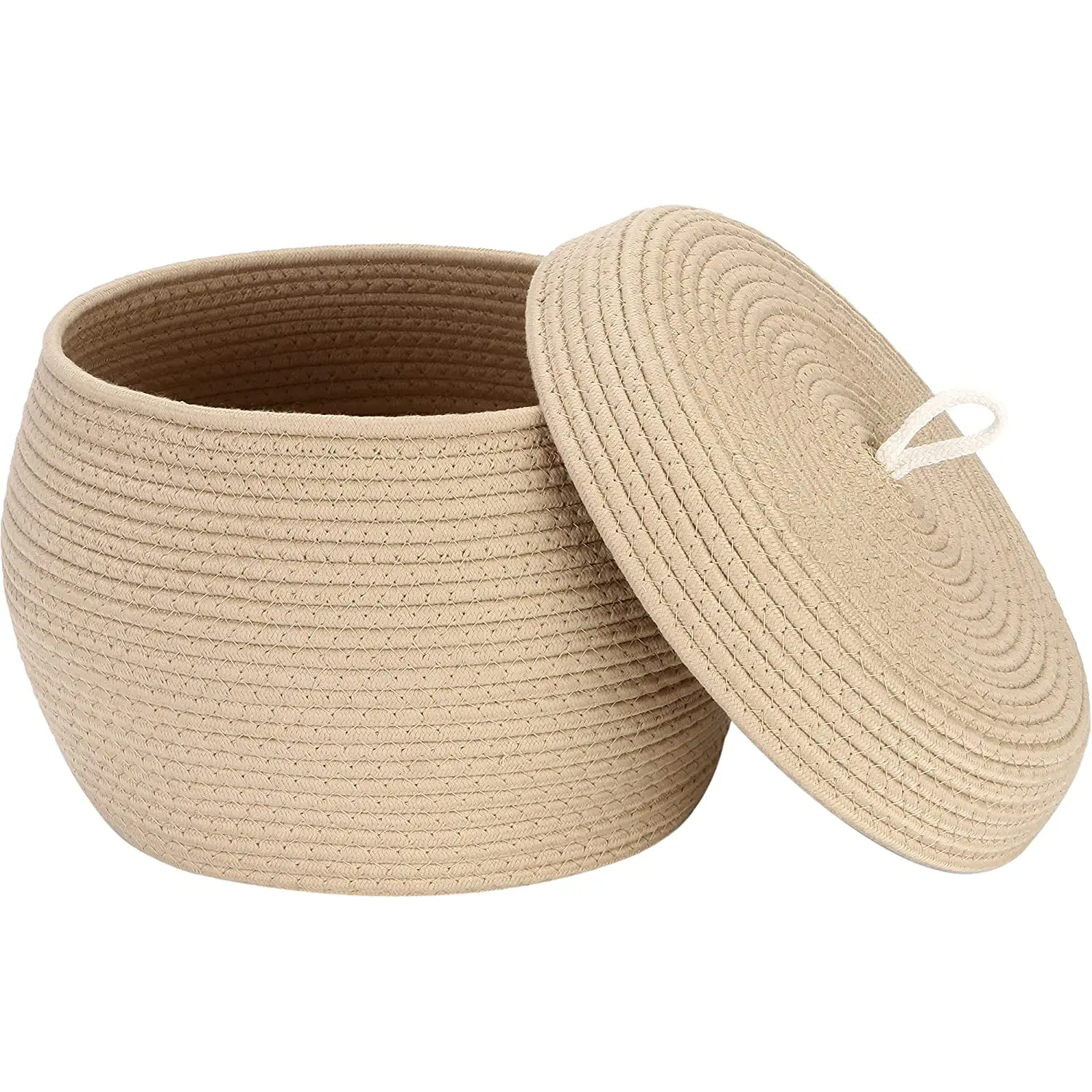 QJMAX Decorative Woven Storage Bin Round Cotton Rope Storage Basket With Lid