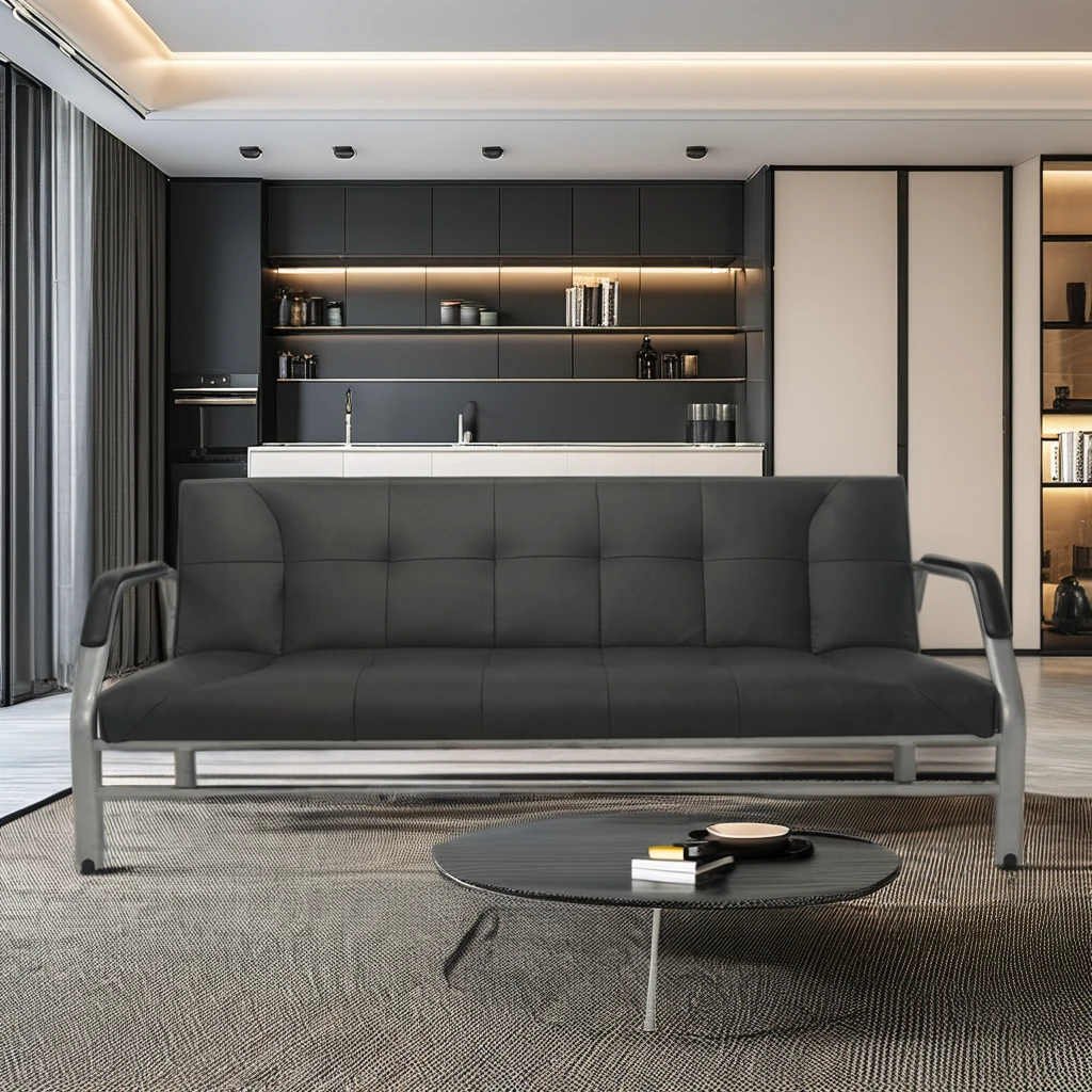 Office Furniture Leather Cover Flat Pack Folding Futon High Quality Big Size Metal Arms Sofa Cum Bed Design For Apartment School
