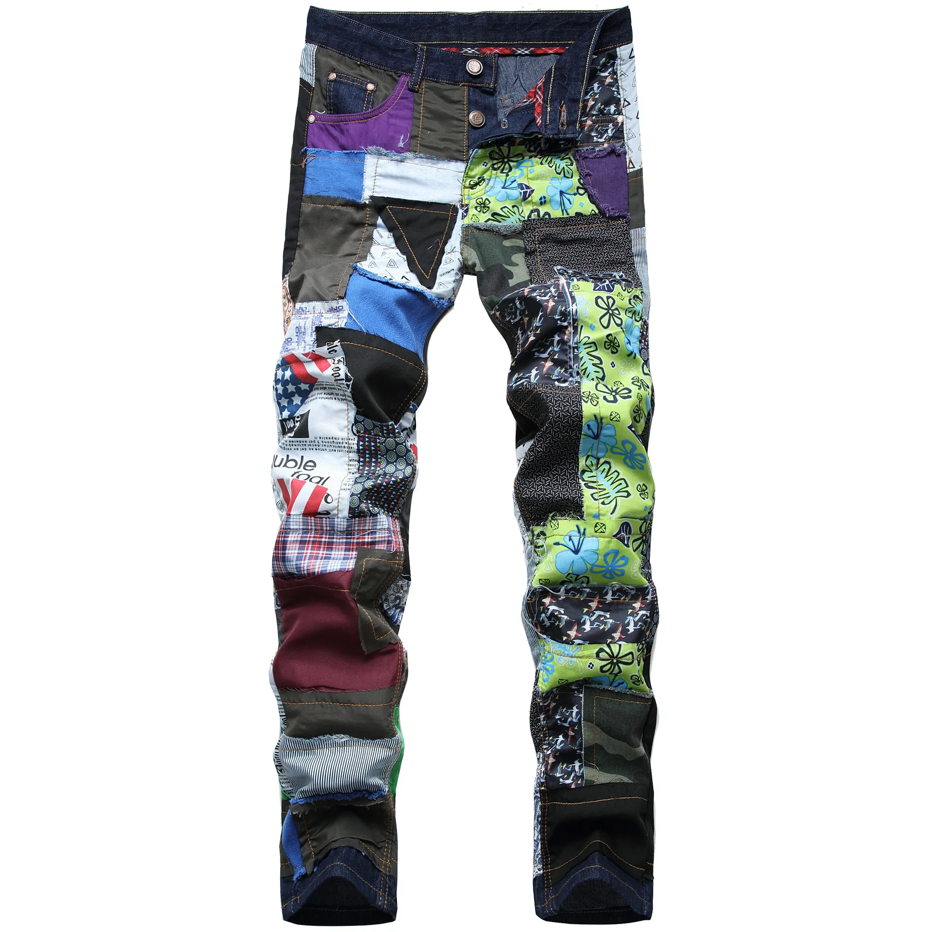 Designers Latest Stylish Colored Patches Denin Dark Blue Base Straight Leg Patchwork Skinny Seluar Men Fashion Jeans
