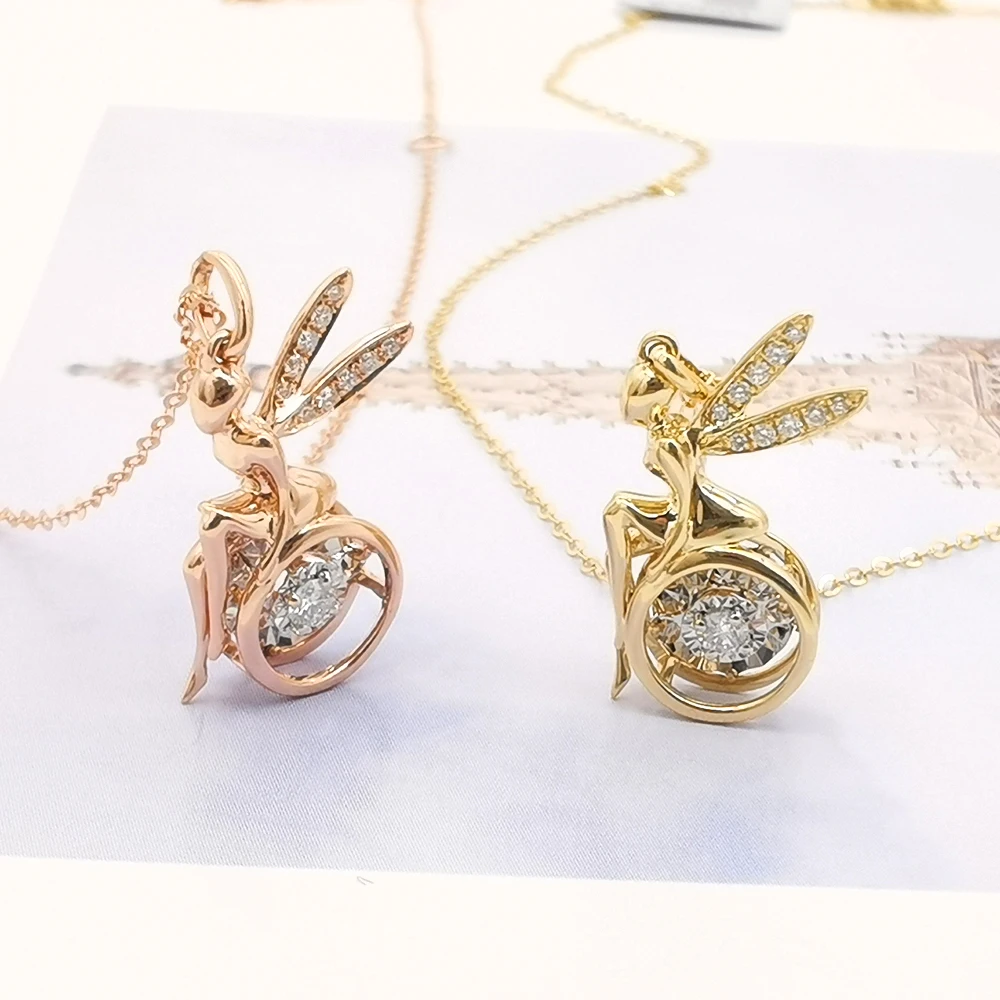 Настоящее 18K золото Фея Дизайн Танец алмаз ангел кулон прекрасный 18k ТВЕРДОЕ ЗОЛОТО натуральный ожерелье ювелирные