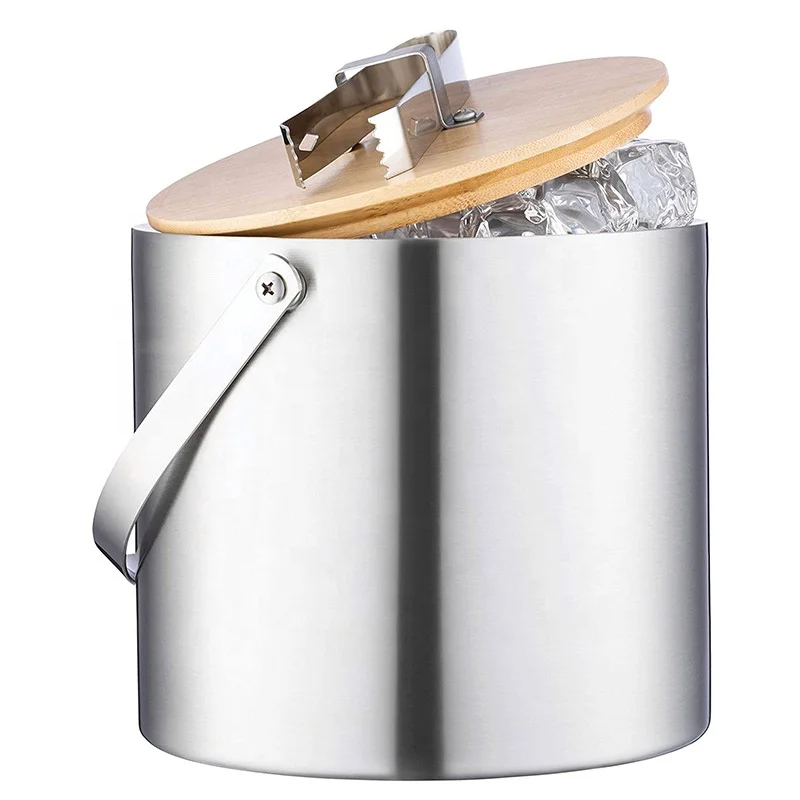 Double-Wall Stainless-Steel Insulated Ice Bucket With Lid and Ice Tong - [3 Liter] Modern Bamboo Lid With Built In Tong