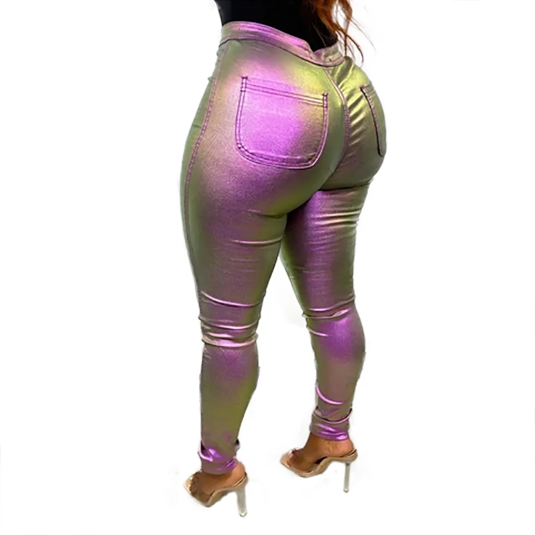 MT56-81098  2022 Women Midi Waist Gradient PU Bright Leather Tights Female Push Up Sexy Leggings Skinny Pencil Pants