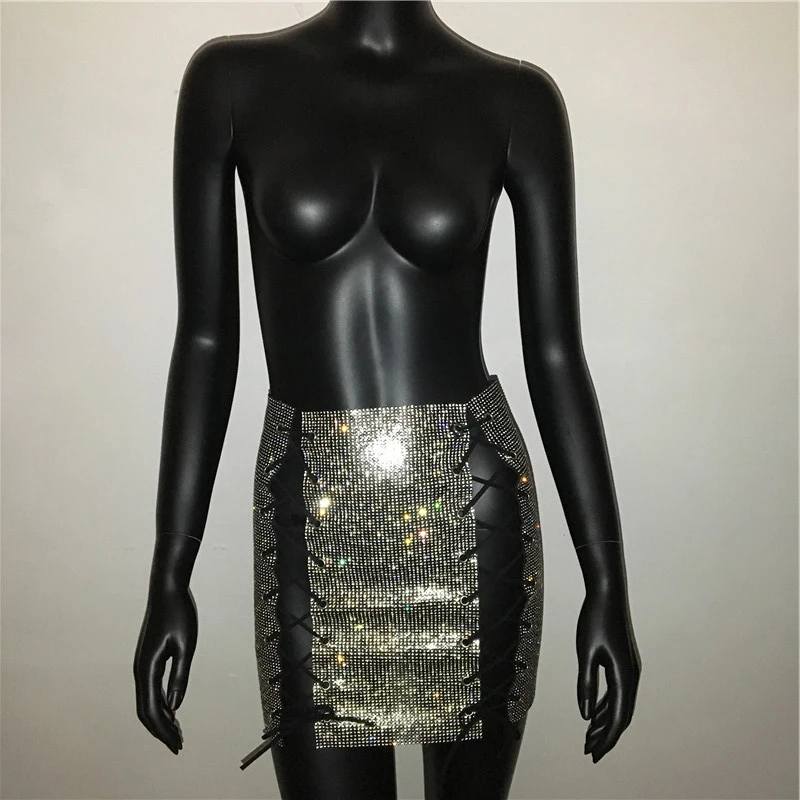 SH1028 Luxury Glitter Metal Crystal Diamonds Skirts Women Diamonds Rhinestone Lace Up Sexy Clubwear Nightclub Mini Skirt