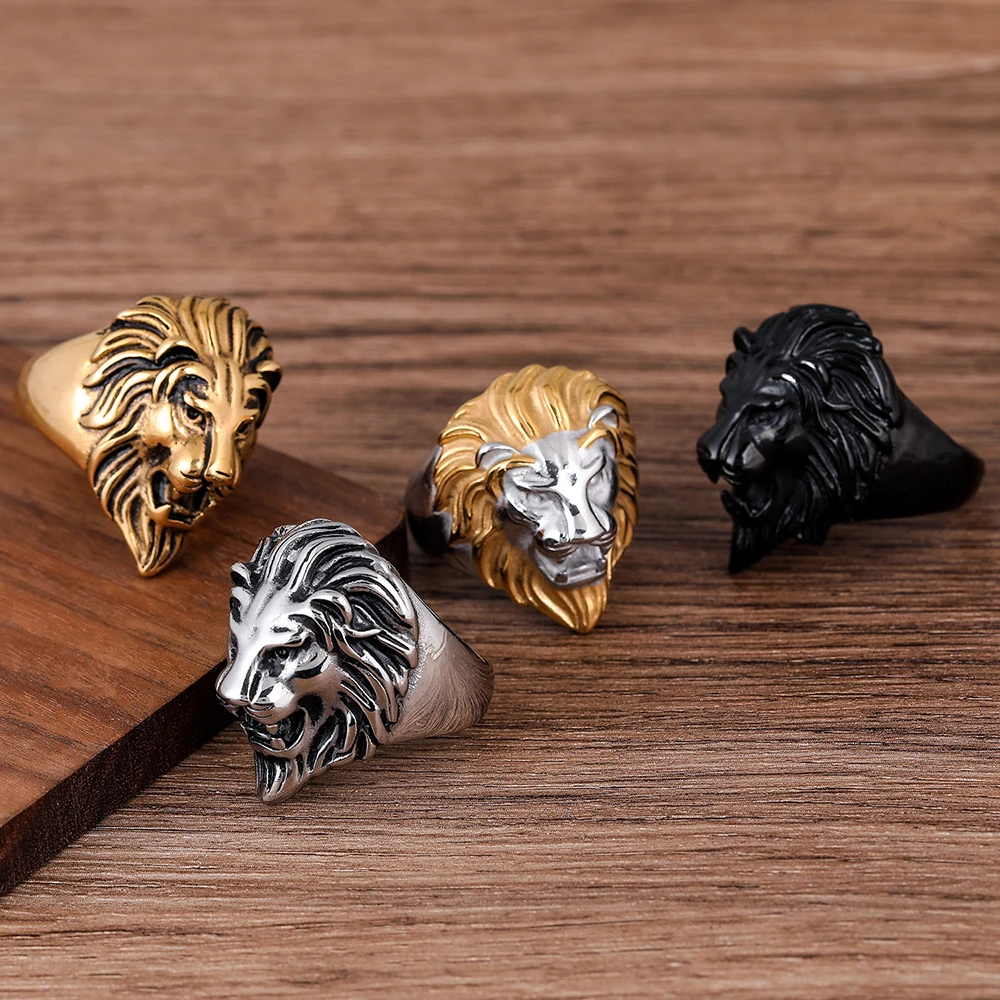 2022 Trendy Jewelry 316L Stainless Steel Gold Plated Lion Ring Lion Head Animal Rings For Men Accessories