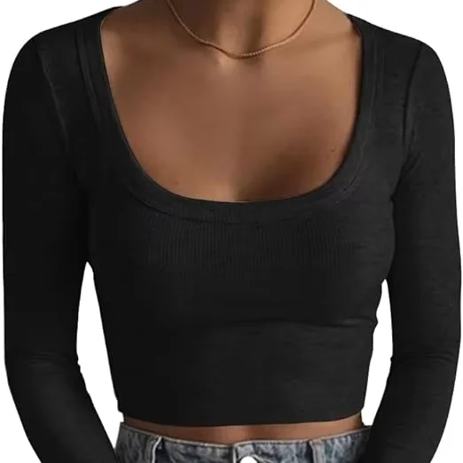 Женская Однотонная футболка с U-образным вырезом