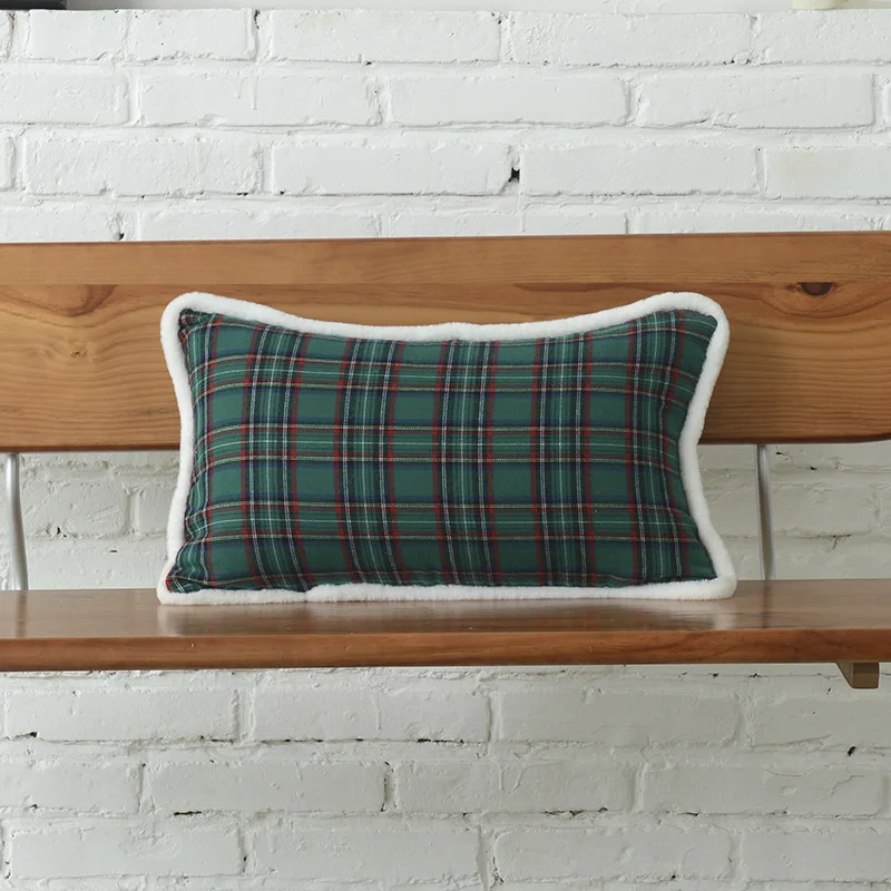 Cotton Mixed Green White Plaid Christmas Cushion Covers For Sofa, Buffalo Throw Pillow Cases For Decoration/