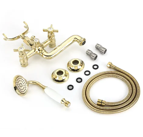 Luxury  Antique Brass Dual Handle Bathtub Faucet Classic Telephone Handheld Shower Wall Mounted Bathroom Tub Mixer Tap