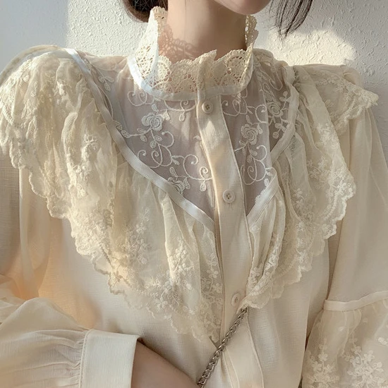 Fashion Korean Lace Up Ruffled Blouses Women Autumn Sweet Loose Clothes Stand Collat Ladies Tops Vintage Lace Shirts Women
