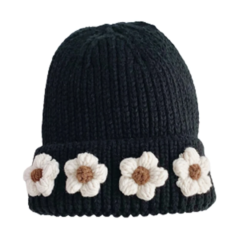 Soft Warm Girl Beanies Knitted Hats Crochet 3D Flower Embroidery Autumn Winter Knit Beanies
