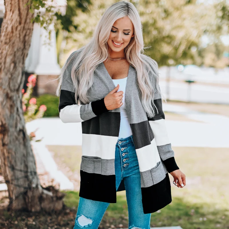 Fall Winter 2024 Casual Open Front Cardigan Sweater Long Sleeve Color Block Knitted Cardigan For Women