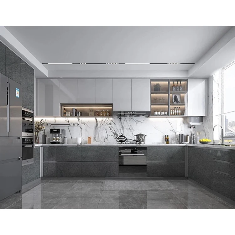 Customized modern champagne color lacquer wood kitchen cabinets with soft closing design