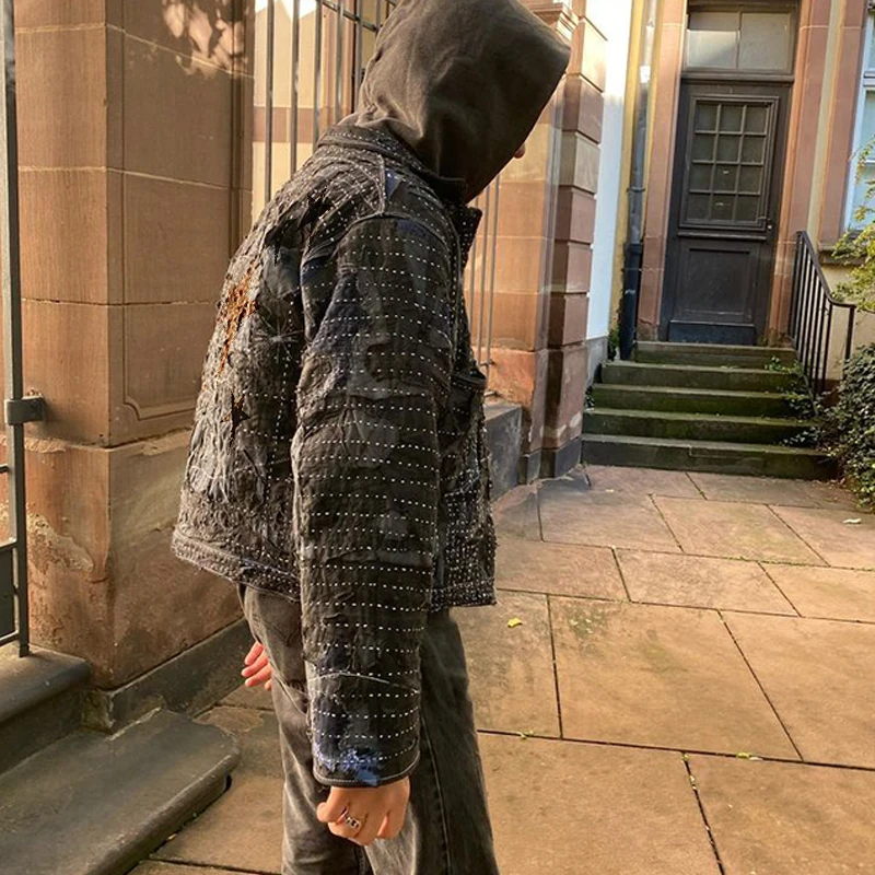 DIZNEW OEM custom plus size mens drop shoulder thick Jacket Street fashion embroidered jeans Jacket man