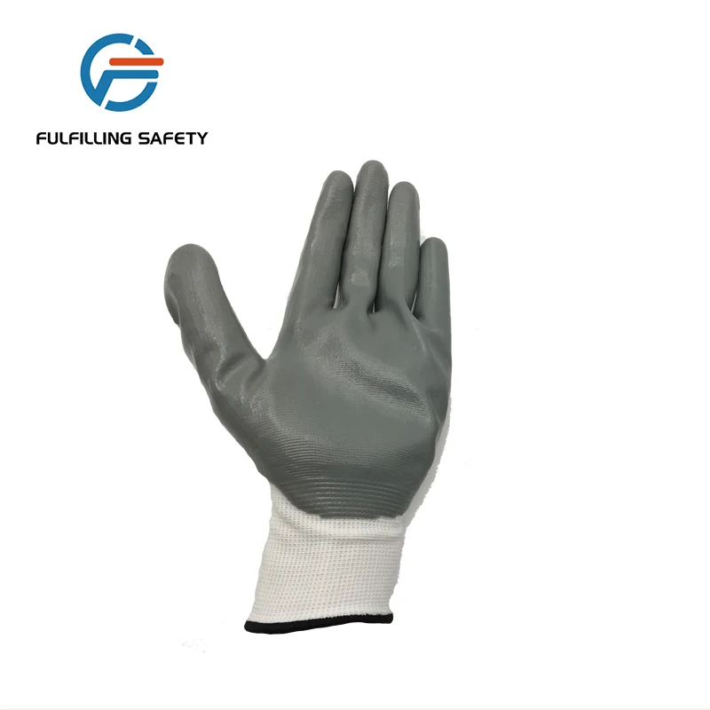 Grey Black Anti Cut Resistant Industri 13g Nitrile Coated Blue Foam Palm Working Gloves