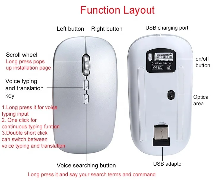 Custom Cute Ultra-Thin Smart Voice Translator 5 Key 2.4G Rechargeable DPI Adjust Bluetooth Wireless Mini Mouse Gaming