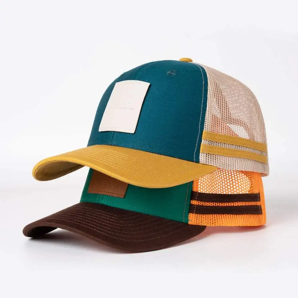 Oem Fashion Two Tone Vintage Retro Patch Canvas Baseball 6 Panel Trucker Caps Hats Custom Trucker Mesh Caps