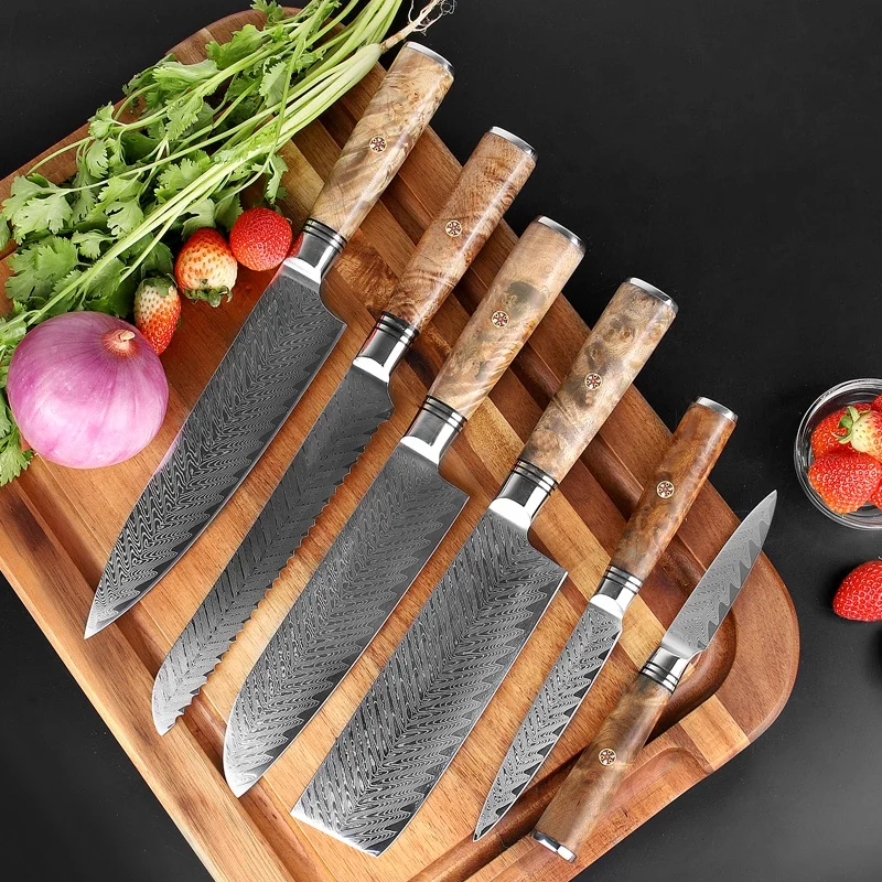 Damascus Messer Set 6pcs Kitchen Cooking Stainless Steel Knife Set Kitchen Damascus Knives Sets With  Wood Handle
