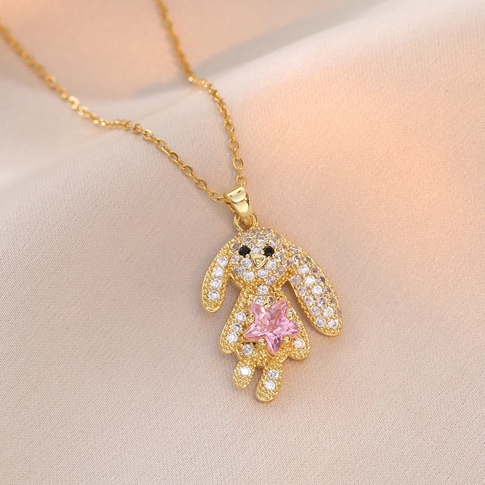 Lovely Stainless Steel Chain Full Diamond Little Bear Pendant Necklace Gold Plating Micro Paved Cubic Zircon Rabbit Necklace