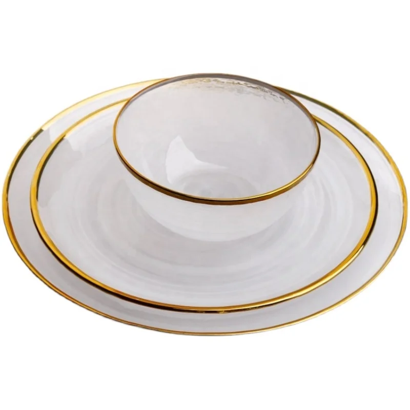 Wholesale Nordic Luxury 7PCS Flatware Gold Rim Black White Smoke Pattern Glass Plate Charger Plates Dinnerware Sets For Wedding