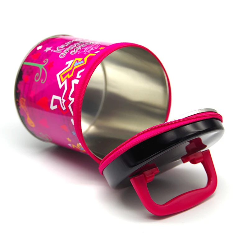 Hot Sale Custom Printed Round Bucket Metal Candy Gift Tin Pencil Case Zipper Tin Box With Handle