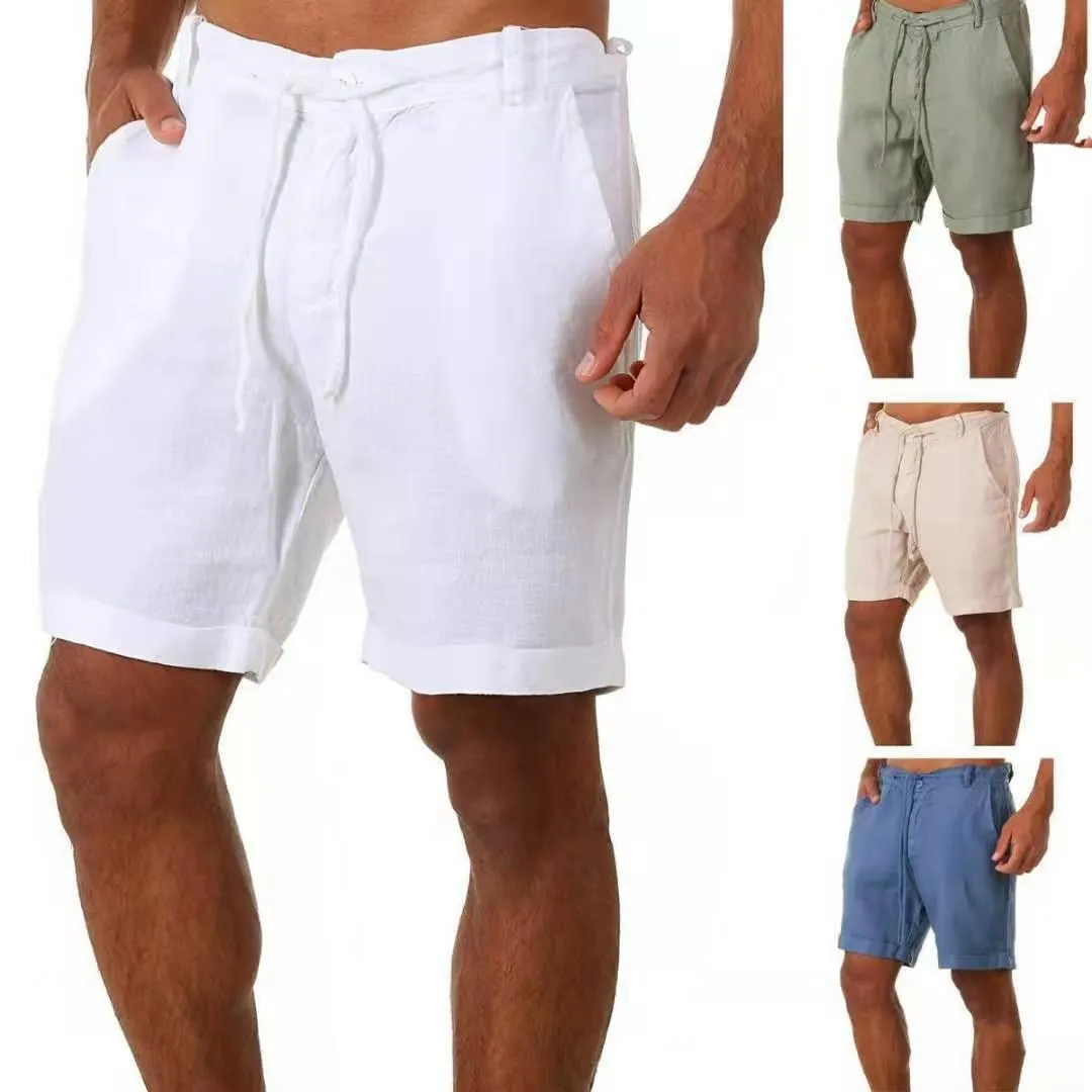 S-3XL Men Clothing Summer Casual Wear Shorts Solid Color Linen Cotton Shorts