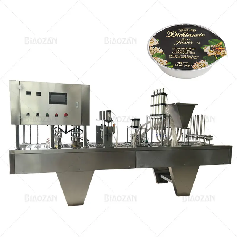 Automatic 4 Nozzles Cup Filling and Sealing Machine for Different Shapes of Jelly Yogurt Water Honey Sauce
