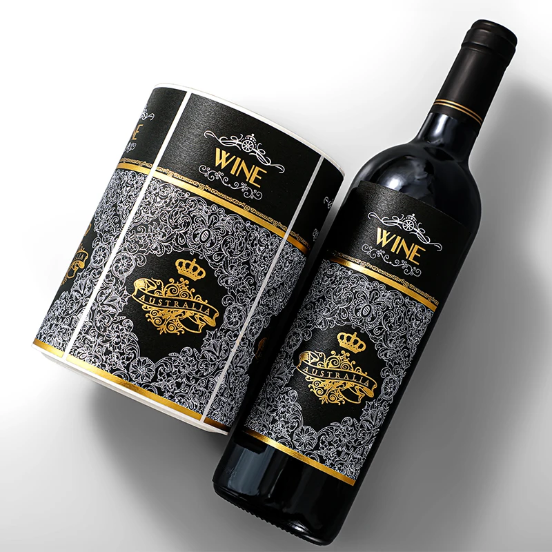 Custom Luxury Waterproof Hot Stamping Gold Foil Textured Paper Black Gloss Wine Label Printing