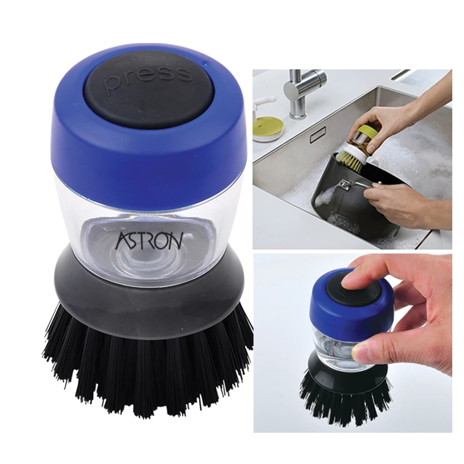 Portable 2 in 1 plastic impact kitchen dishes pots pans push top button release fill soap reservoir holder scrub cleaning brush